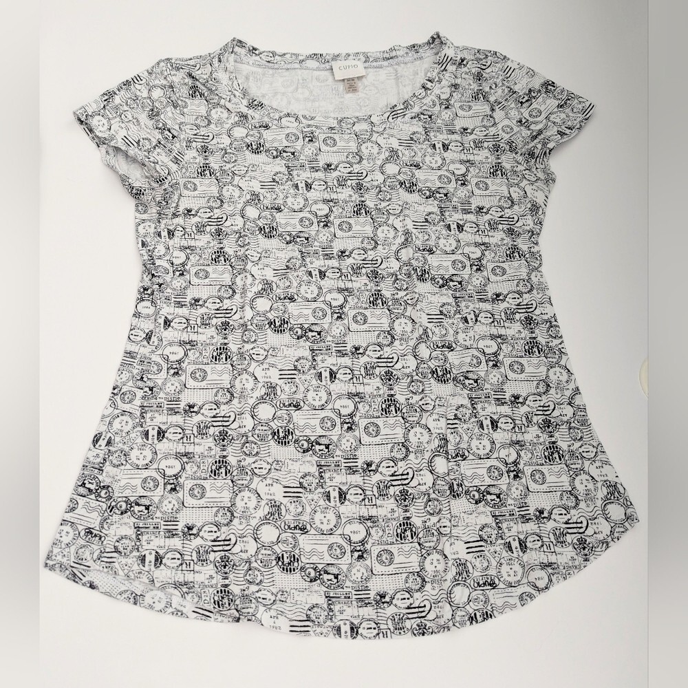 Cupio Women's (Medium) Black & White Postage Graphic Short Sleeve T-Shirt